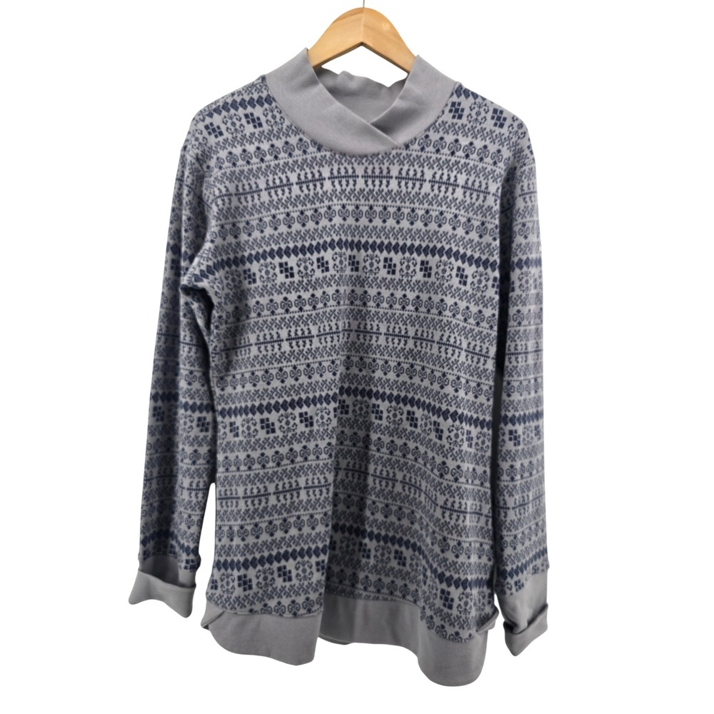 Columbia Sweatshirt Womens XL Fair Isle Gray Blue Mock Neck EUC
